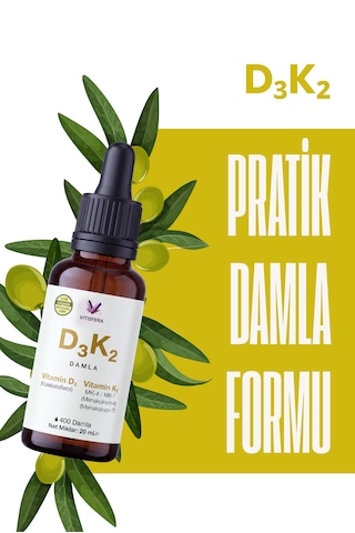 D3k2 Damla - 20 Ml - 400 Damla - 1000 Iu D3 & 20 Mcg K2 - %100 Organik Zeytinyağı Bazlı