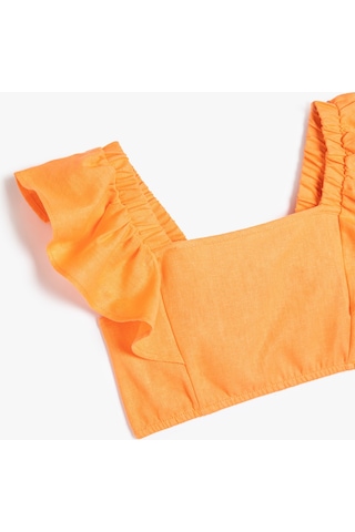 Koton Keten Crop Bluz Kelebek Kollu Kare Yaka Turuncu 4skg60057aw Turuncu