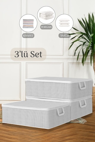 3'lü Çekyat Baza Tipi Yastık Kıyafet Saklama Hurcu - Baza Altı Düzenleyici Hurç 50 X 30 X 22 Cm Gri