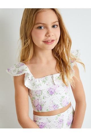 Koton Crop Bluz Fistolu Çiçek Desenli Fırfırlı Lila Desenli 4skg60002ew Lila