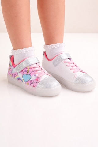 Mini Bonito Kız Çocuk Desenli Işıklı Led Tabanlı Simli Cırt Cırtlı Sneaker Gümüş