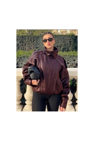 August Viral Oversize Kadın Deri Ceket Yüksek Yaka Siyah Urban Style Kadın Deri Ceket Bordo&burgundy Bordo&Burgundy