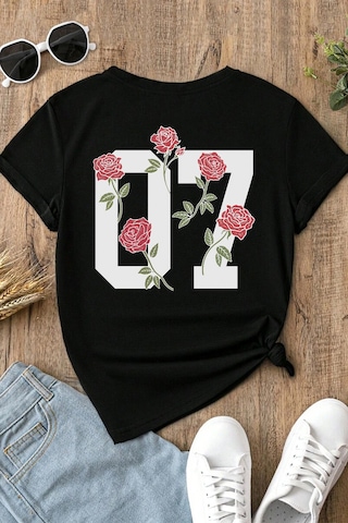 Spoyi Street Rose Tasarımlı %100 Pamuk Yarım Oversize Siyah T-shirt
