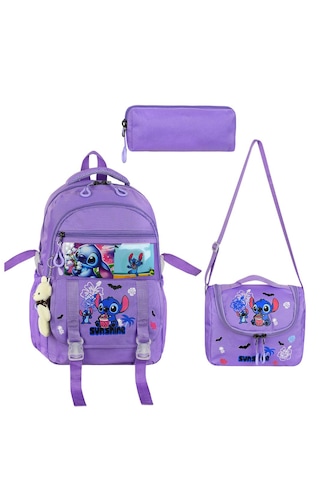 Stitch Baskılı Ortopedik Aksesuarlı Anahtarlıklı Okul Çantası Termal Beslenme Ve Kalemlikli Set Mor