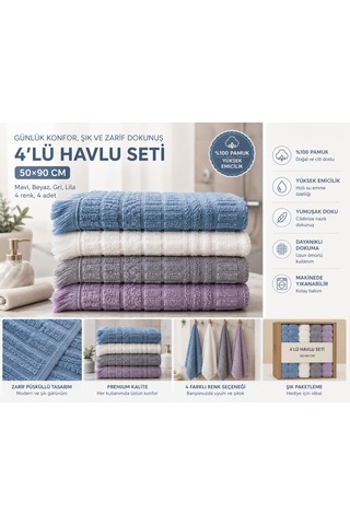 4'lü El Ve Yüz Havlusu Seti 50x90 Cm Pamuklu Yumuşak Dokulu Yüksek Su Emici Günlük Kullanım Premium Kalite Mavi