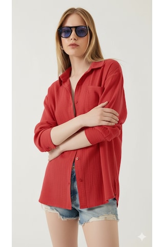 Thiff Gymwear Kadın Oversize Basic Cepli Müslin Gömlek Kırmızı