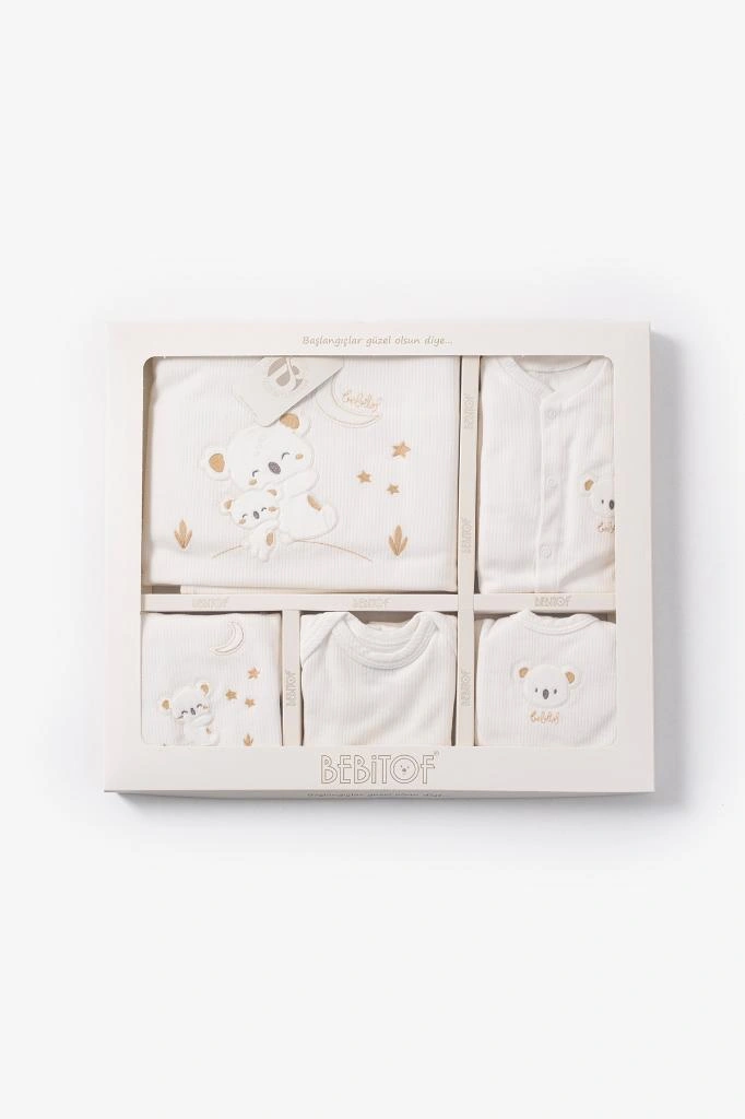 Bebitof %100 Pamuk Sevimli Yavru Koala Desenli 10 Parça Kutulu Yenidoğan Hastane Çıkışı Zıbın Seti Ekru Bbtf.ekr.10131 Ekru