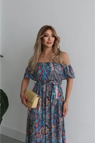 Modayakamoz Eyesof Kadın Kısa Kollu Madonna Yaka Fırfırlı Belden Yırtmaçlı Maksi Süprem Elbise Çok renkli