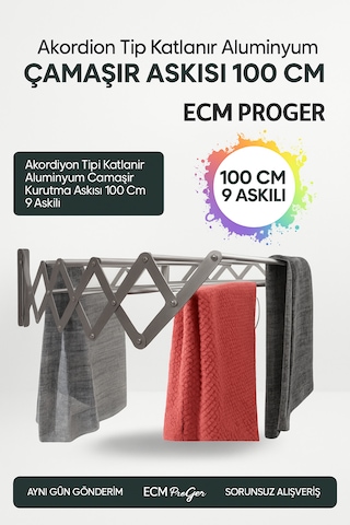Ecm Proger Akordiyon Katlanabilir Çamaşır Kurutma Askısı - 100 Cm Genişlik 9 Çubuklu Model Açık Gri