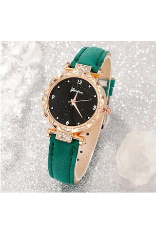 Kadın Yuvarlak Saat Ve Kolye+küpe+yüzük Takı Seti, 5 Adet/takım Yeşil