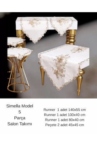 Salon Takımı 5 Parça Nakış İşlemeli Masa Örtüsü Runner Seti Çeyizlik Simella Model Krem-kapi Çok Renkli