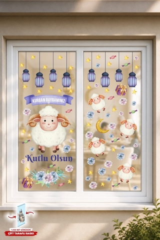 Kurban Bayramı Çift Taraflı Cam Sticker Seti 88 Parça Pencere Ve Cam Süsü, Bayram Kuzulu Sevimli Dijital Baskı