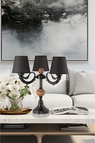 Üçlü Şamdan Masa Lambası Abajur Siyah Siyah Şapkalı Siyah