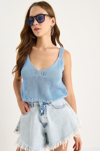 Shade Kadın Ajurlu Askılı Crop Triko Bluz 20251031 - Bebe Mavisi