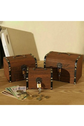 Singree Antik Tarz El Yapımı Ahşap Kasa, Kilitli Para Kazan, 15x10x10cm, Bayram Hediyesi, Hacimli Tasarım Haki