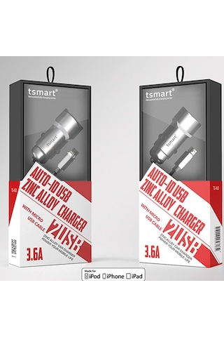 Tsmart Micro Usb Şarj Kablolu 2 Usb Metal Araç Şarj Seti 3.6A
