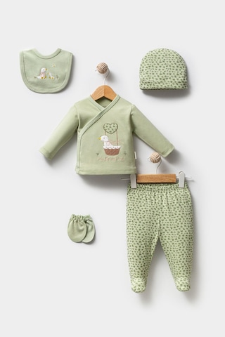 Sevimli Ördek Desenli 5 Parça Yenidoğan Hastane Çıkışı Zıbın Seti Yeşil