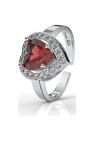 925 Ayar Lal Taşlı Rodyum Pırlanta Işıltılı Kalp Ayarlanabilir Gümüş Yüzük Rr10032 Gümüş