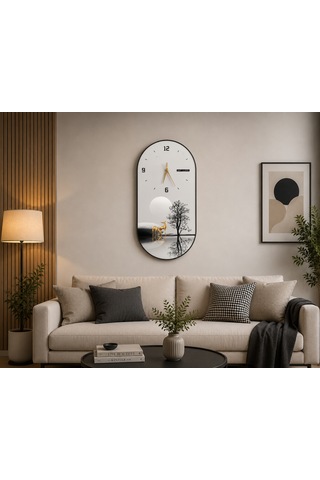 Doğanın Yansıması Geyik Temalı Dekoratif Oval Duvar Saati 60x30 Cm Modern Salon Ve Ofis Saati Siyah