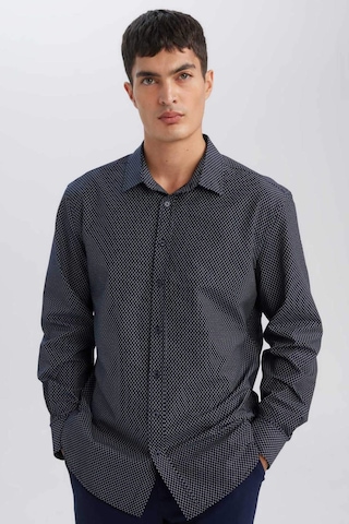 DeFacto Modern Fit Modern Kesim Poplin Desenli Pamuk Karışımlı Uzun Kollu Gömlek D3377AX24AUNV82 Lacivert