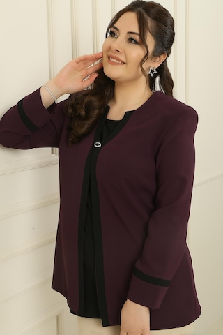 İçi Likralı Atlet Omuzlar Vatkalı Garnili Büyük Beden Krep Ceket 2'li Takım-35937 Mor