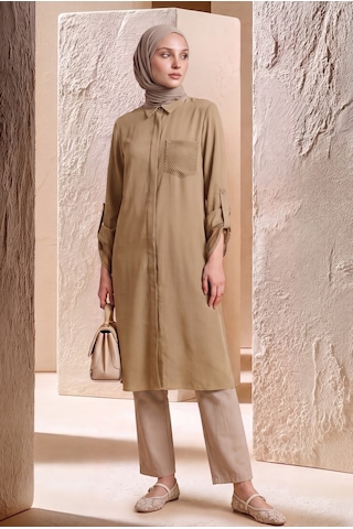 Armine Trend Kol Ve Cep File Detaylı Gizli Düğmeli Tunik Camel 26yt458