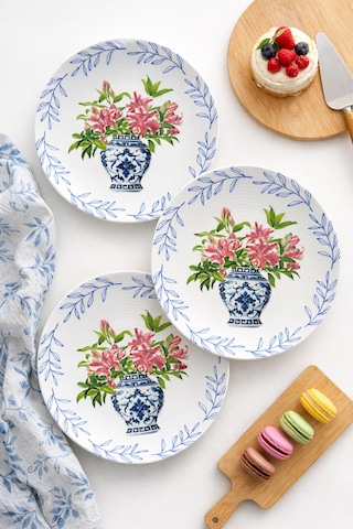 Grandora Vazo Ve Çiçek Desenli 6 Adet, 20 Cm Modern Pasta Tatlı Tabağı Seti Şık Kahvaltılık Tabak Koyu Pembe Çiçekli