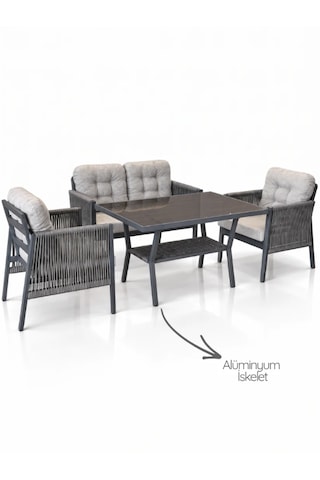 Vena 2+1+1 Alüminyum Oturma Grubu 4 Kişilik Bahçe Balkon Teras Çay Seti Antrasit