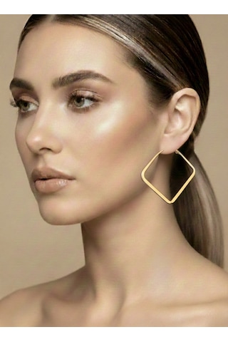 Kare Model Halka Gold Renk Çelik Küpe 5,5cm Altın