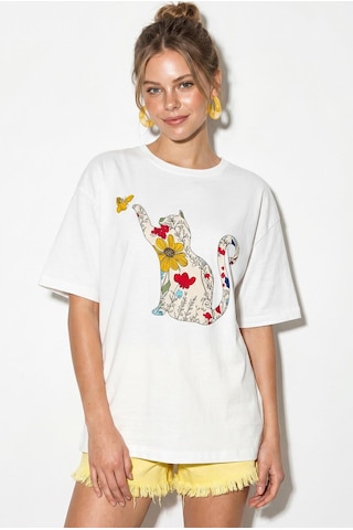Shade Kadın Bisiklet Yaka Kedi Baskılı Oversize %100 Pamuk T-shirt Öt100006 60286274 - Beyaz