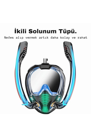 Techtic Çift Tüp Silikon Şnorkel Tam Yüz Dalış Maskesi Fullface Kırmızı - Siyah
