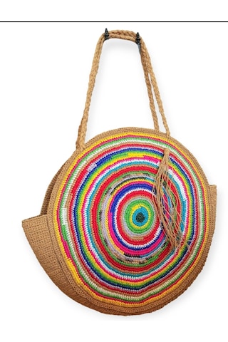 Kemzey Handmade Yuvarlak Xxl Çizgili Tote , Kağıt İp El Yapımı Renkli Çanta Çok Renkli Sarı