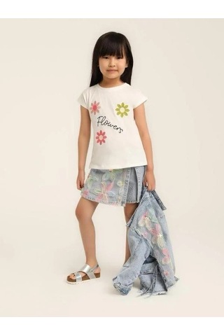 Escabel Kız Bebek Pamuklu Çiçek Nakışlı Tshirt-15602 Beyaz