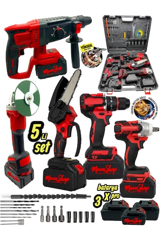 Moonshop SET005 Şarjlı Darbeli 5'li Set 2-26 Hilti 125 MM Taşlama + 13 MM Matkap 650MM Somun Sökme + Dal Budama Testere Kırmızı