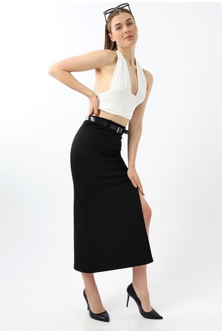 Winmoda34 Kadın Uzun Kemerli 92cm Maxi Boy Yırtmaçlı Süet Etek Siyah