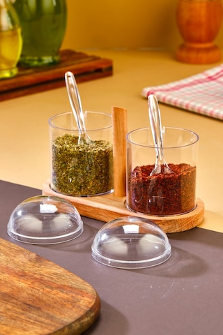 Kaşıklı Şeffaf Kapaklı Ahşap Standlı 2'li Kavanoz Baharat Seti ŞEffaf
