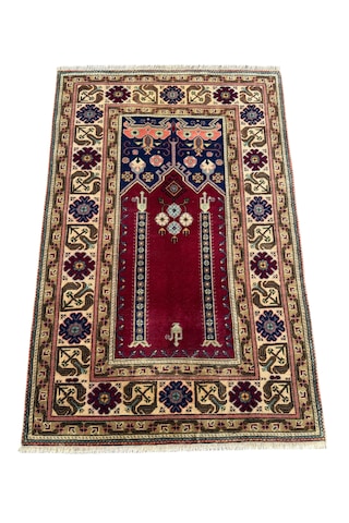 El Dokuma Vintage Eskitme Bünyan Halısı Seccade 86x130 Kırmızı Krem Kırmızı