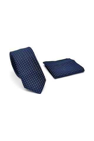 Gaffy Mavi Nokta Desenli Lacivert Dokuma Kumaş Mendilli Slim Fit Kravat // Sdk-2510-2 Lacivert