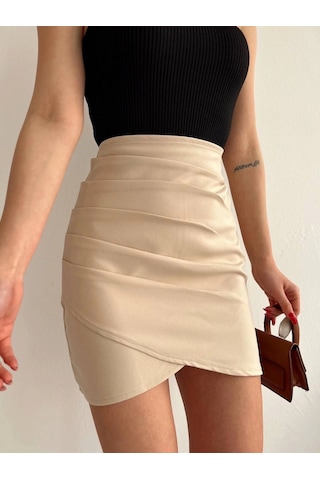 Yandan Drapeli Asimetrik Etek Bej S24771 Bej