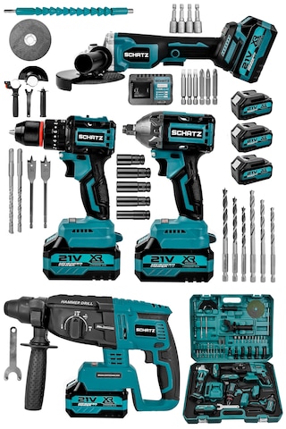Schatz 21v Darbeli Kömürsüz Kırıcı Delici Hilti & Taşlama & Matkap & Somun Sıkma Sökme 4'lü Set Mavi