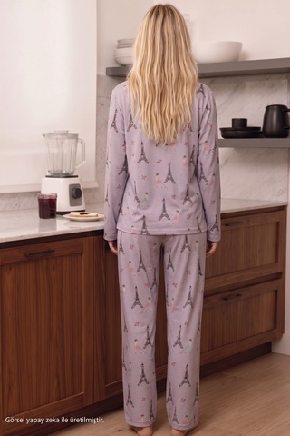 Siyah İnci Lila Desenli Termal Kumaşlı Ultra Soft Yumuşak Düğmeli Örme Pijama Takımı 26226126