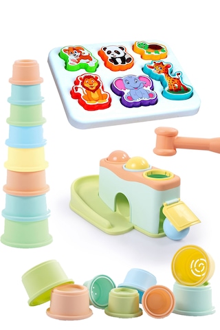 Oyuncak Eğitici Vur Yuvarla Oyunu Neşeli Hayvanlar Bultak 8'li Kule 3'lü Set
