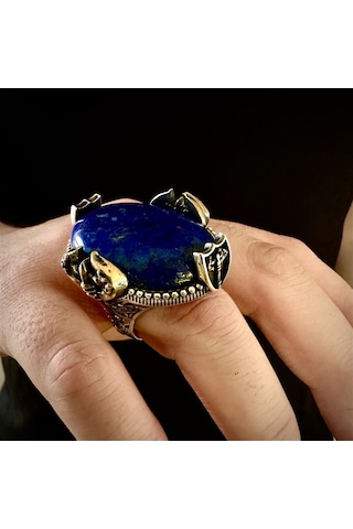 Gümüş Büyük Kasa Lapis Lazuli Taşlı Balta Tasarım Erkek Yüzük Gümüş