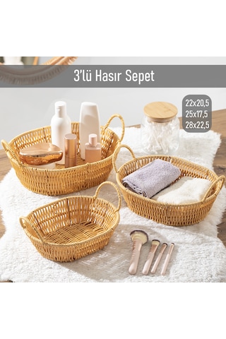 Porsima 302b 3lü Düzenleyici Oval Hasır Sepet Seti Ekmeklik Sepet