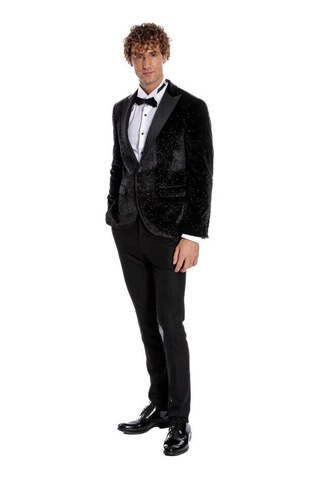 Simli Slim Fit Kadife Siyah Erkek Smokin Ceket - Wessi Siyah