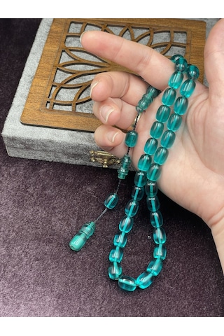 Sistemli Turkuaz Ateş Kehribar Tesbih 8x12 Mm Mavi