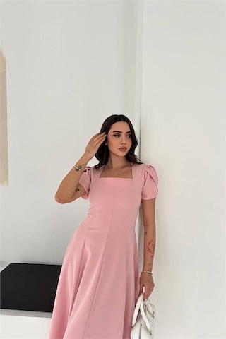 Neşeli Butik Kadın Pembe Kare Yaka Balon Kol Midi Boy Elbise Nbk4550 Pembe