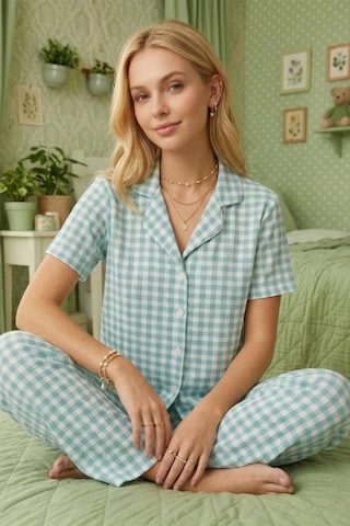Fit Women Kare Desenli Bürümçük Kumaş Kısa Kollu Pijama Takımı 6065 Su Yeşili