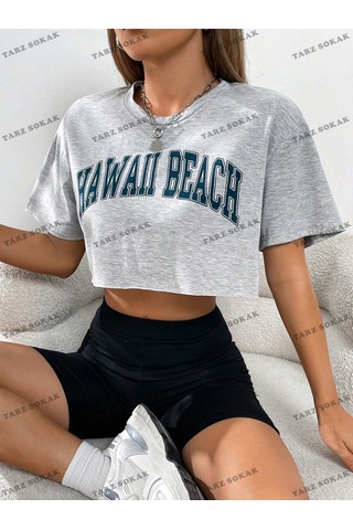 Flood Of Style Crop Ckod-232913 Harf Grafikli Düşük Omuz Kısa Gri