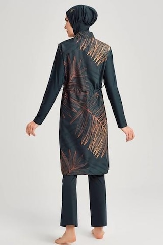 Haşema 3049 Yeşil Gold Yaprak Detaylı Jileli 5 Parça Tesettür Mayo Takımı Çok Renkli